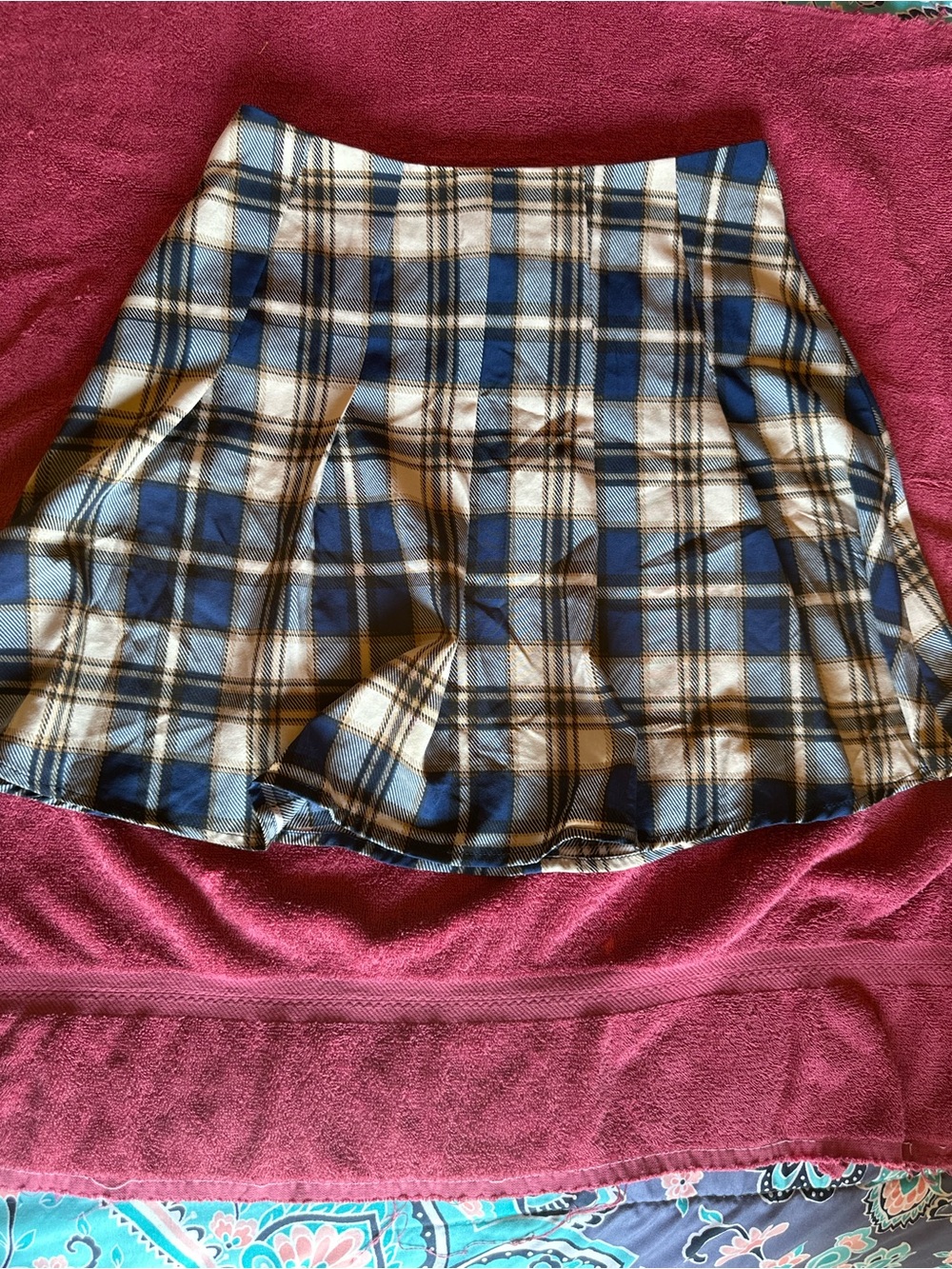 SHEIN Blue and Cream Plaid Pleated Skater Mini Skirt